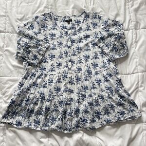 Ellos Tunic Top Womens Large 18/20 White Floral 3/4 Sleeve Tiered 100% Cotton